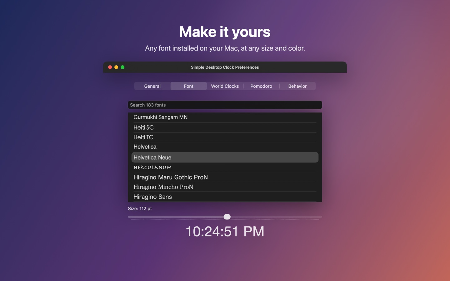 The font browser in Preferences